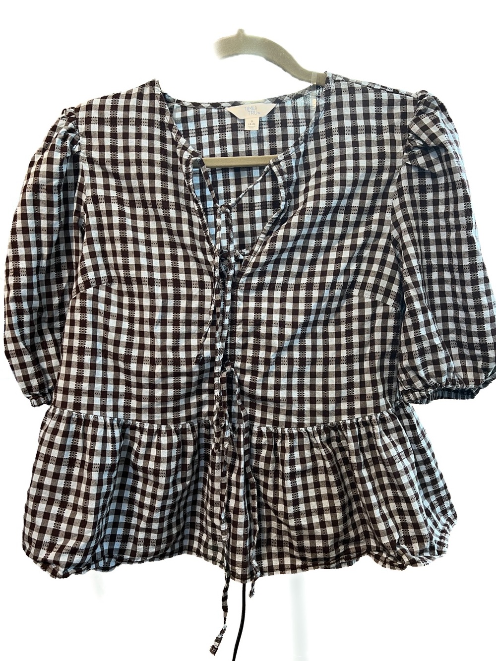 Time and Tru Gingham Peplum Tie Front Blouse Brown White Size S 4-6